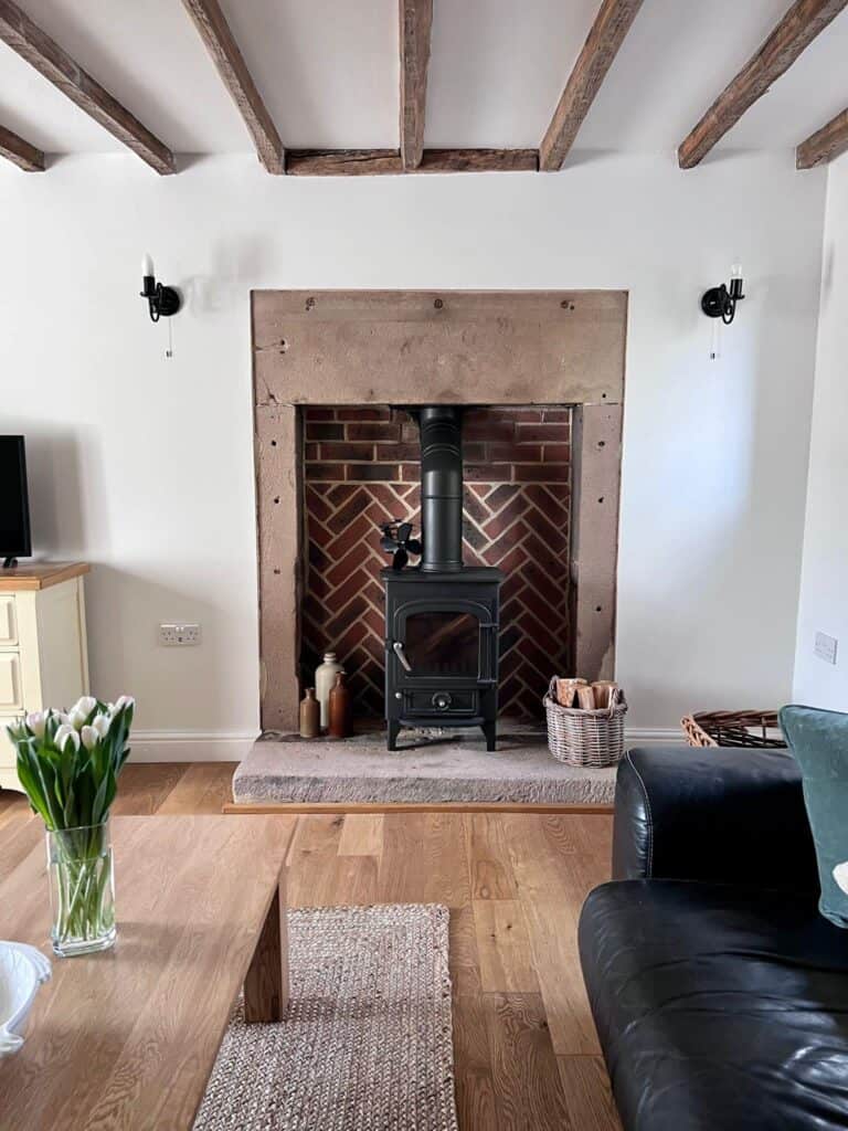 cottage lounge with wooden beams