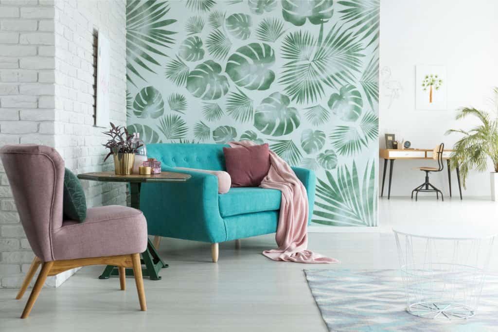 green wallpapered feature wall