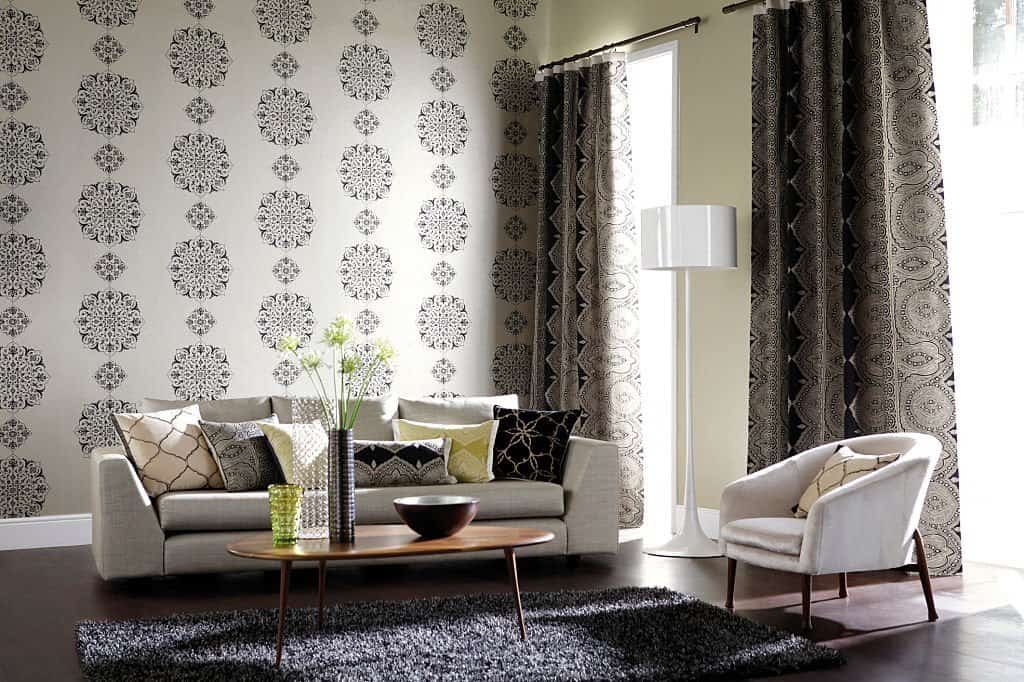 black and white wallpapered feature wall